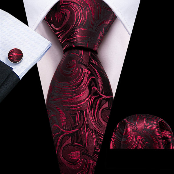 Red Black Floral Men's Silk Necktie Hanky Cufflinks Set