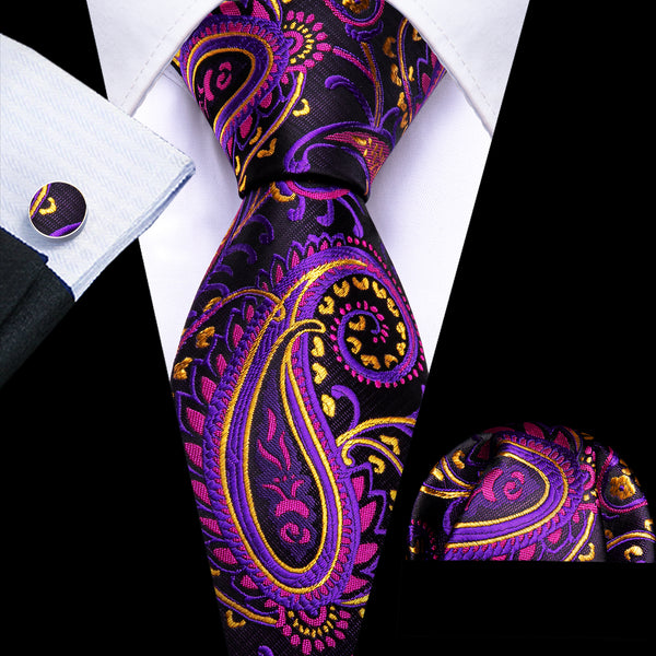 Black Purple Yellow Paisley Silk Men's Necktie Pocket Square Cufflinks Set
