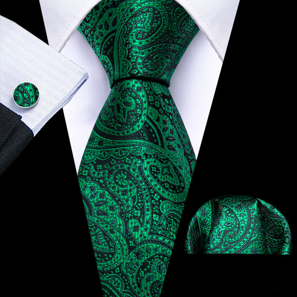 Emerald Green Black Paisley Silk Necktie Pocket Square Cufflinks Set