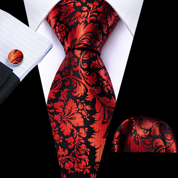 Black Darkred Floral Silk Necktie Pocket Square Cufflinks Set