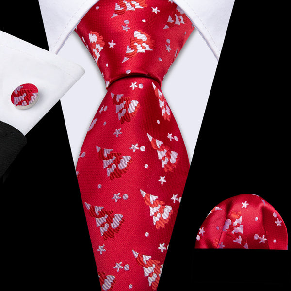 Red White Christmas Tree Silk Men's Necktie Pocket Square Cufflinks Set