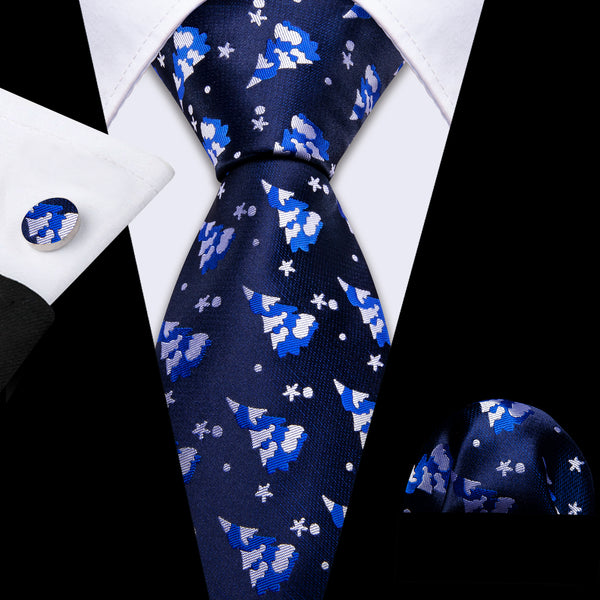 Blue White Christmas Tree Silk Men's Necktie Pocket Square Cufflinks Set