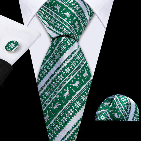 Green White Christmas Deer Silk Men's Necktie Pocket Square Cufflinks Set
