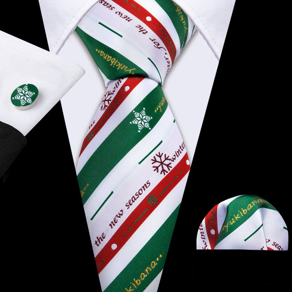 White Green Christmas Novelty Silk Men's Necktie Pocket Square Cufflinks Set
