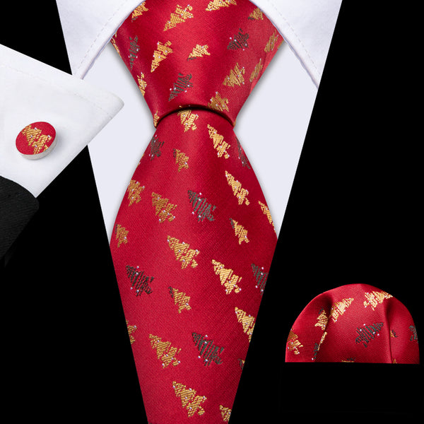 Red Christmas Tree Novelty Silk Men's Necktie Pocket Square Cufflinks Set