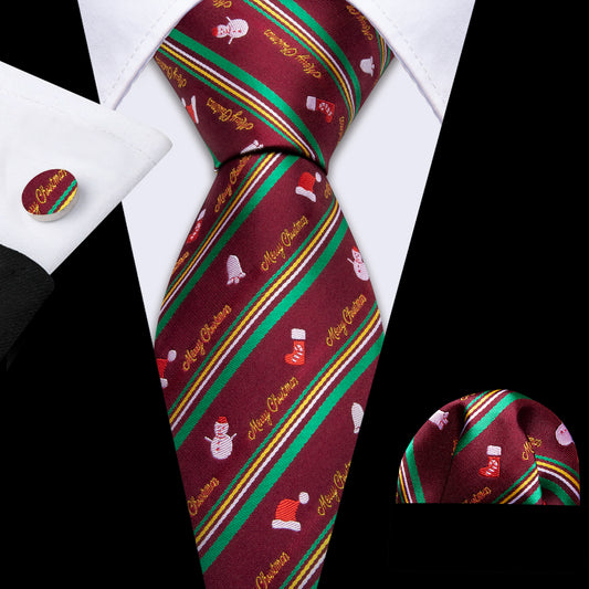 Red Christmas Novelty Silk Men's Necktie Pocket Square Cufflinks Set