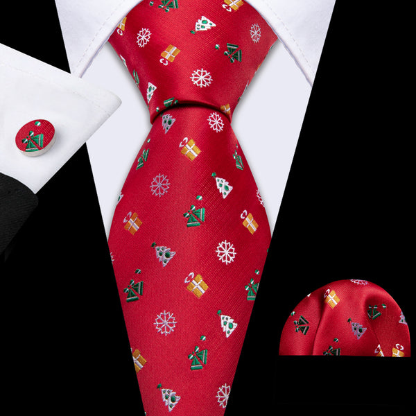 Red Christmas Novelty Silk Men's Necktie Pocket Square Cufflinks Set