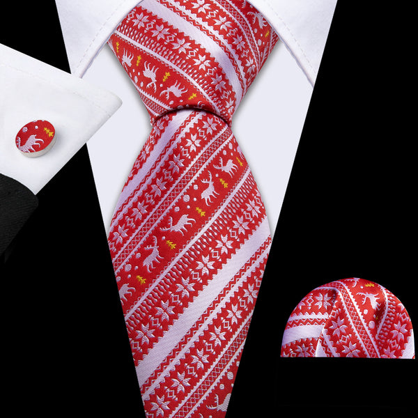 Christmas Red White Novelty Silk Men's Necktie Pocket Square Cufflinks Set