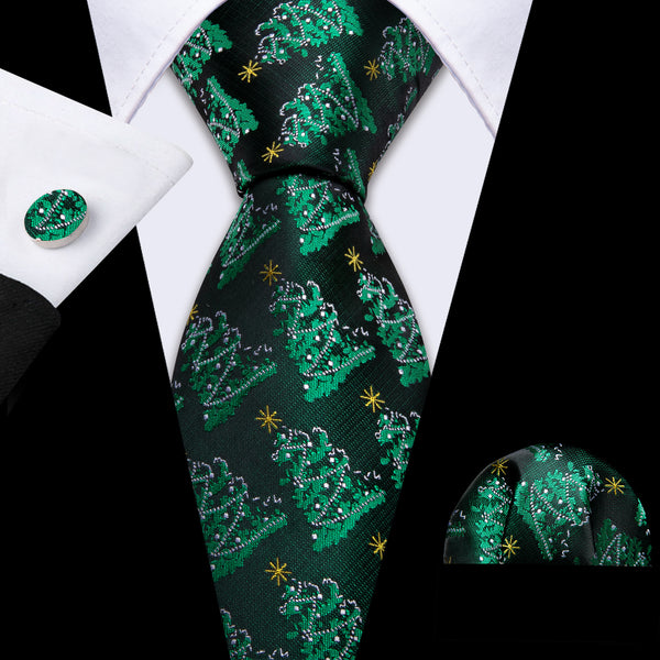 Black Green Christmas Tree Silk Men's Necktie Pocket Square Cufflinks Set