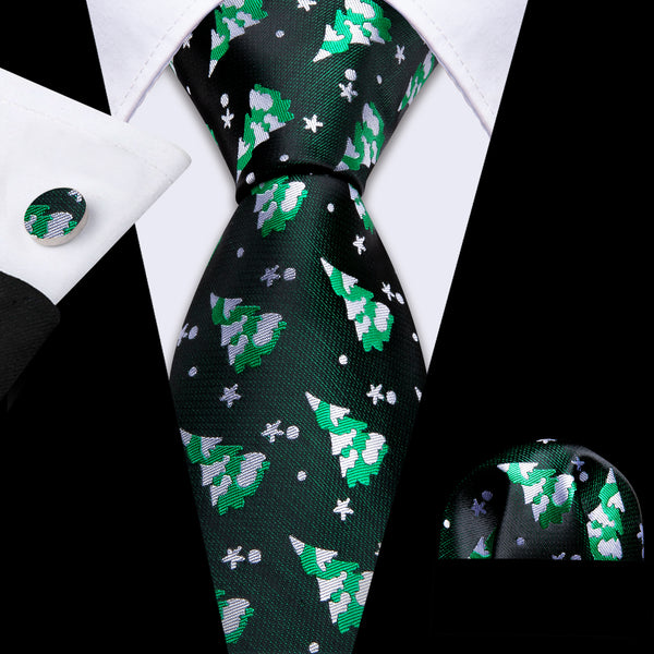 Green Christmas Tree Silk Men's Necktie Pocket Square Cufflinks Set