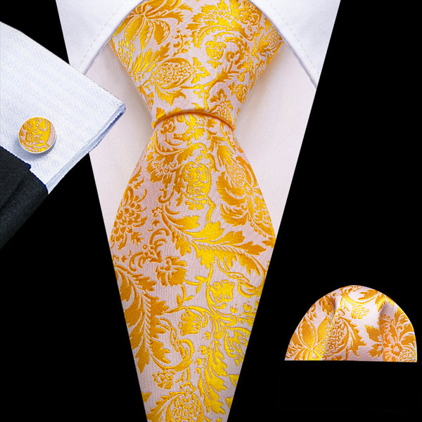 Gold White Floral Men's Necktie Hanky Cufflinks Set