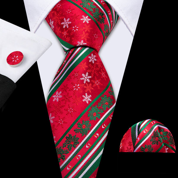 Red Green Snowflakes Silk Men's Christmas Necktie Pocket Square Cufflinks Set