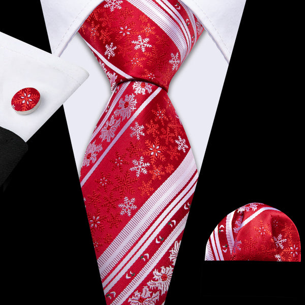 Red White Snowflakes Silk Men's Christmas Necktie Pocket Square Cufflinks Set