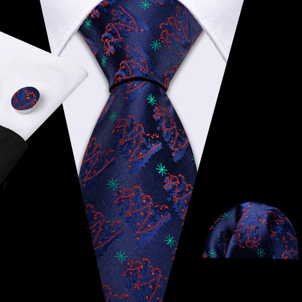 Navy Blue Red Christmas Tree Silk Men's Necktie Pocket Square Cufflinks Set