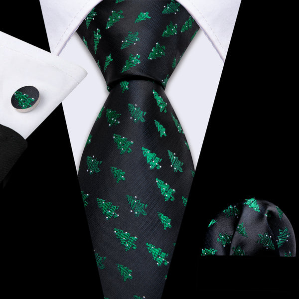 Black Green Christmas Tree Silk Men's Necktie Pocket Square Cufflinks Set