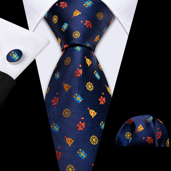 Navy Blue Novelty Silk Men's Christmas Necktie Pocket Square Cufflinks Set