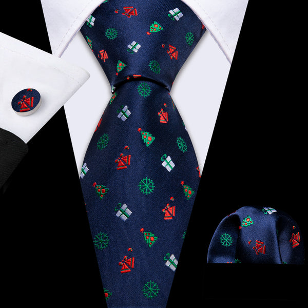 Navy Blue Green Novelty Silk Men's Christmas Necktie Pocket Square Cufflinks Set