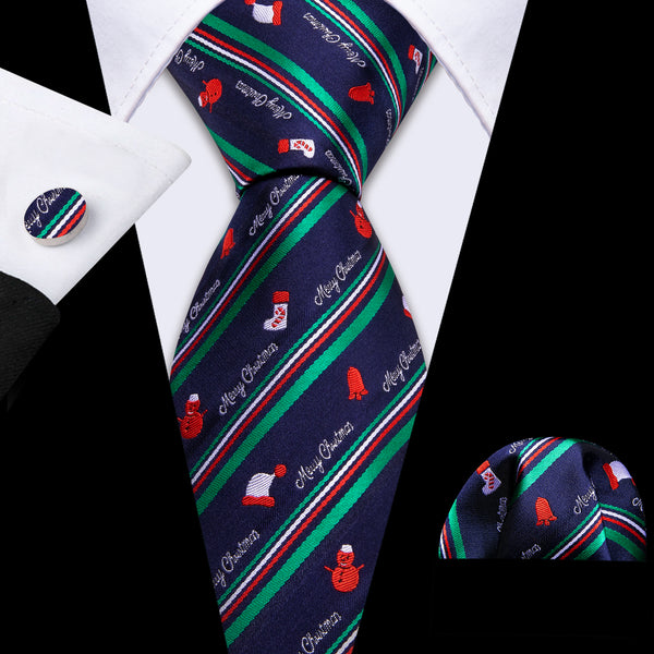 Blue Green Christmas Pattern Silk Men's Necktie Pocket Square Cufflinks Set