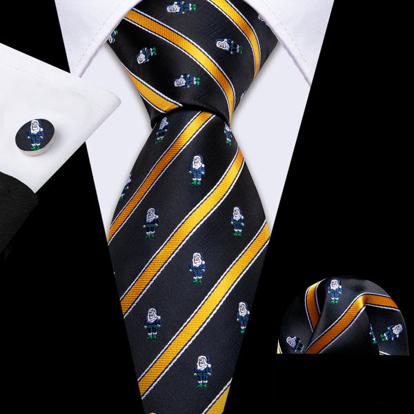 Black Yellow Christmas Santa Silk Men's Necktie Pocket Square Cufflinks Set