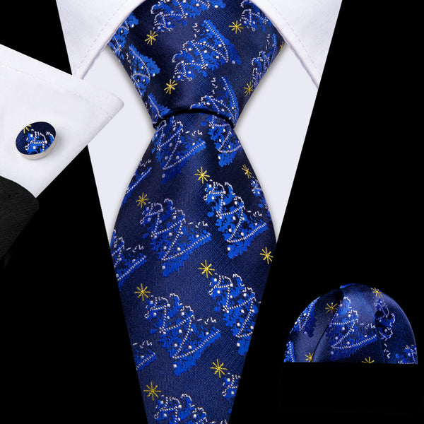 Deep Blue Christmas Tree Silk Men's Necktie Pocket Square Cufflinks Set