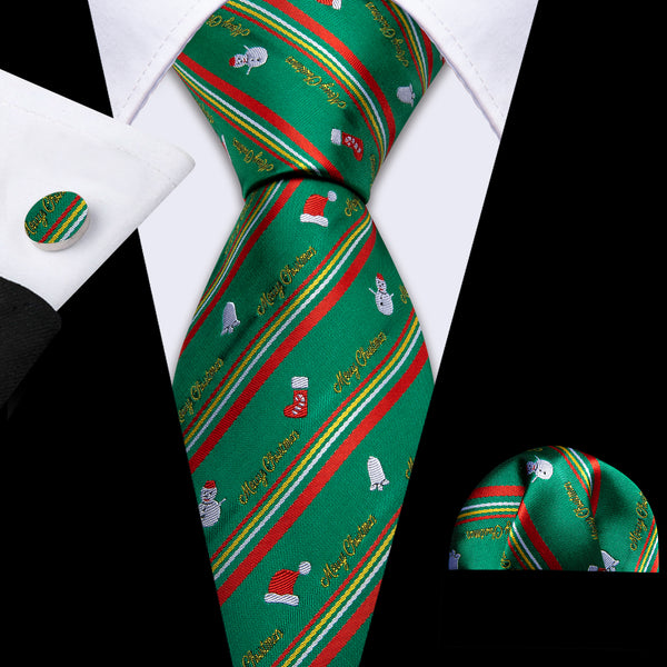 Green Christmas Pattern Silk Men's Necktie Pocket Square Cufflinks Set