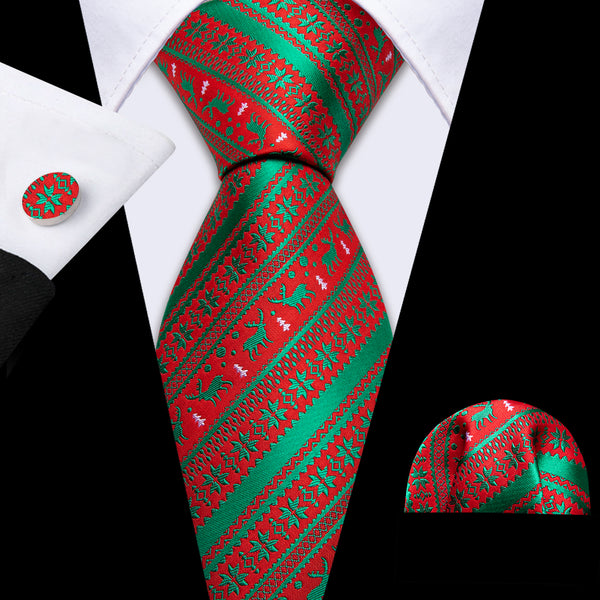 Red Gree Christmas Pattern Silk Men's Necktie Pocket Square Cufflinks Set