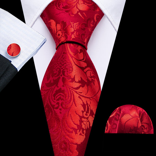 Red Floral Men's Necktie Hanky Cufflinks Set