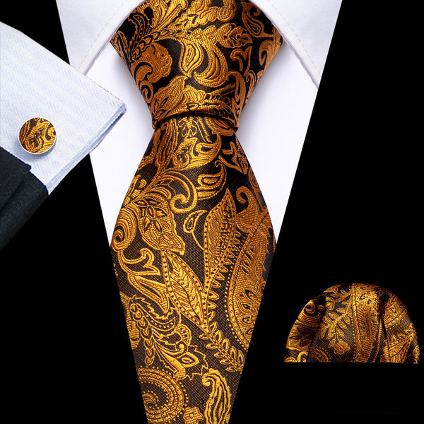 Golden Black Paisley Men's Tie Pocket Square Cufflinks Set