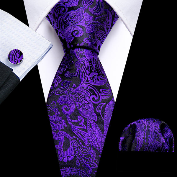 Purple Black Paisley Men's Tie Pocket Square Cufflinks Set