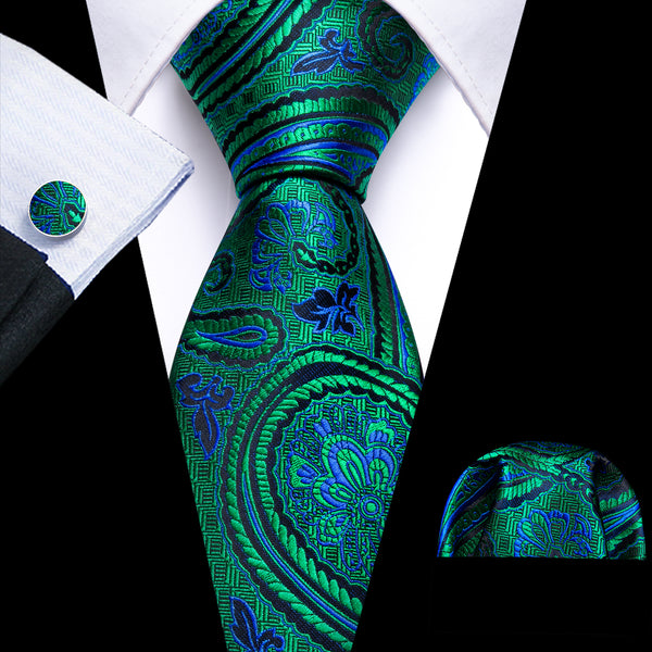 Blue Green Paisley Flower Men's Tie Pocket Square Cufflinks Set