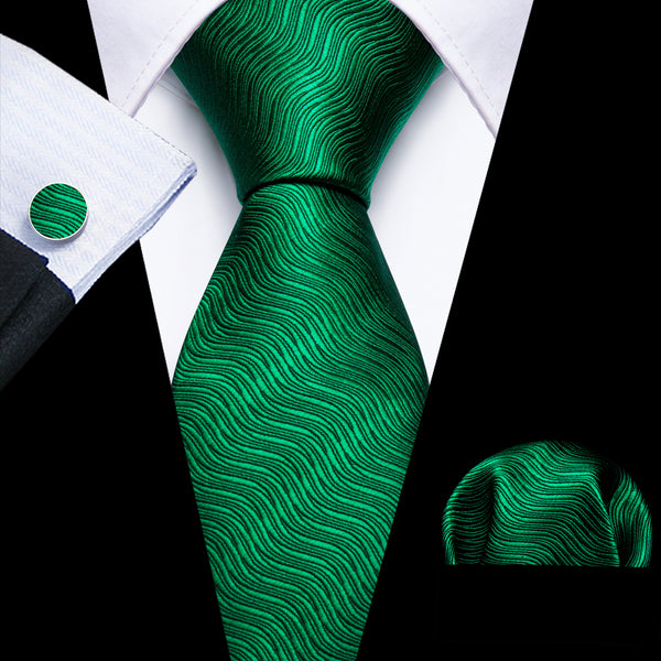 Green Novelty Woven Men's Tie Pocket Square Cufflinks Set