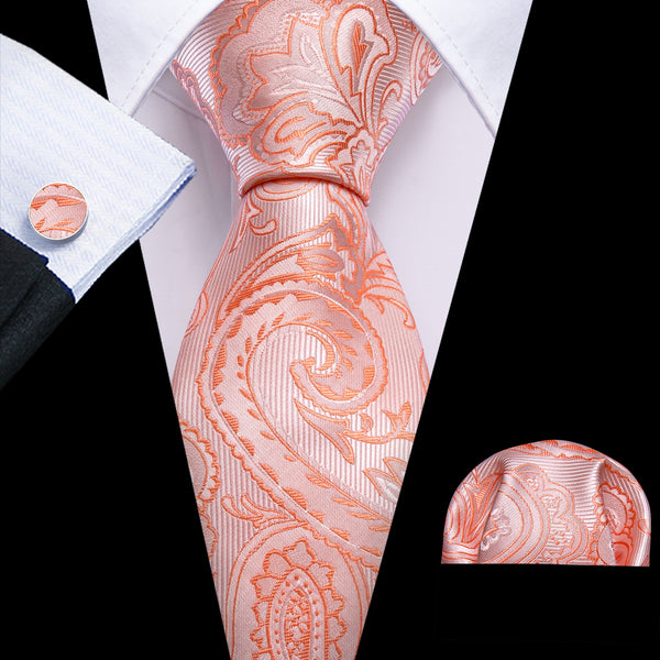Pink Orange Paisley Flower Men's Tie Pocket Square Cufflinks Set