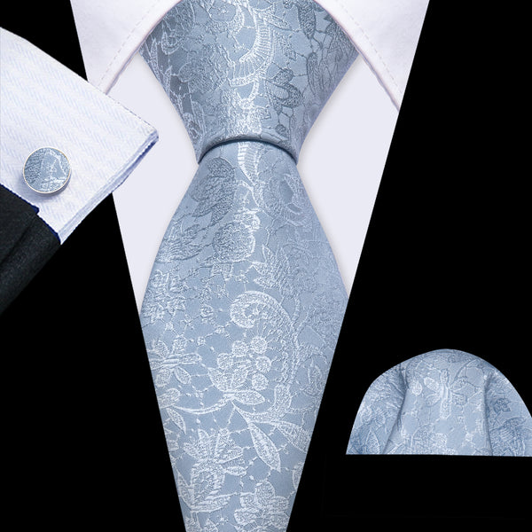LightSteelBlue Floral Men's Necktie Pocket Square Cufflinks Set