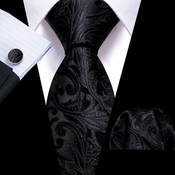 Midnight Black Floral Silk Dress Suit Tie Business for Men