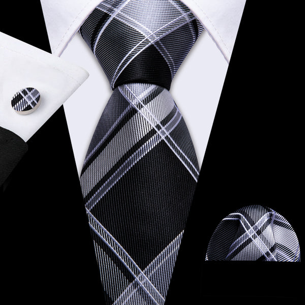 Black Grey White Plaid Men's Necktie Pocket Square Cufflinks Set