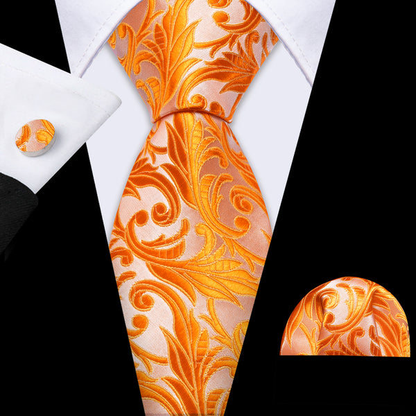 Sun Orange Tangerine Floral Men's Necktie Pocket Square Cufflinks Set
