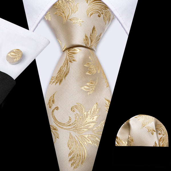 Pearl Bisque Floral Men's Necktie Pocket Square Cufflinks Set