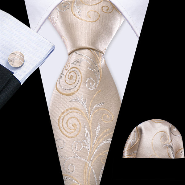 Pearl Sliver Floral Men's Necktie Pocket Square Cufflinks Set