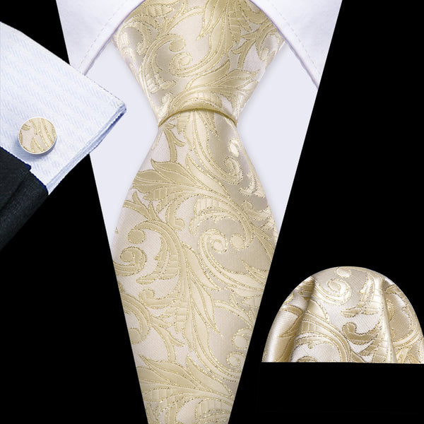 Beige Floral Men's Necktie Pocket Square Cufflinks Set