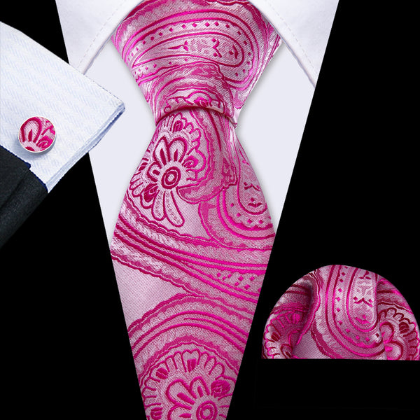 Rose Red Pink Paisley Men's Necktie Pocket Square Cufflinks Set