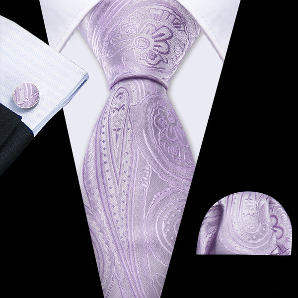 Mist Violet  Paisley Men's Necktie Pocket Square Cufflinks Set