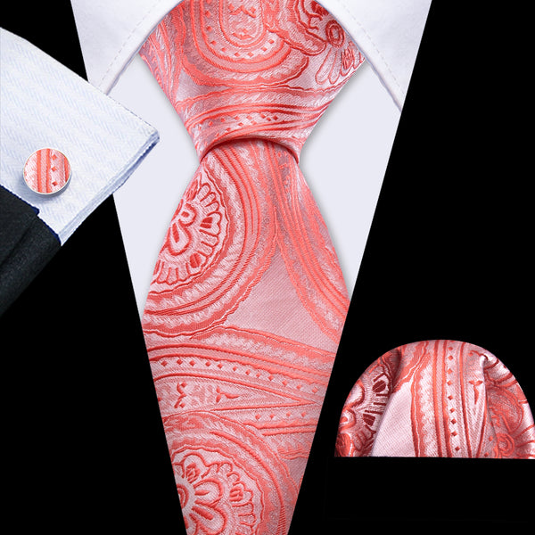 Light Coral Pink Paisley Men's Necktie Pocket Square Cufflinks Set
