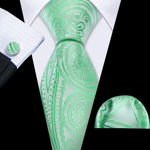 Turquoise Green Paisley Men's Necktie Pocket Square Cufflinks Set