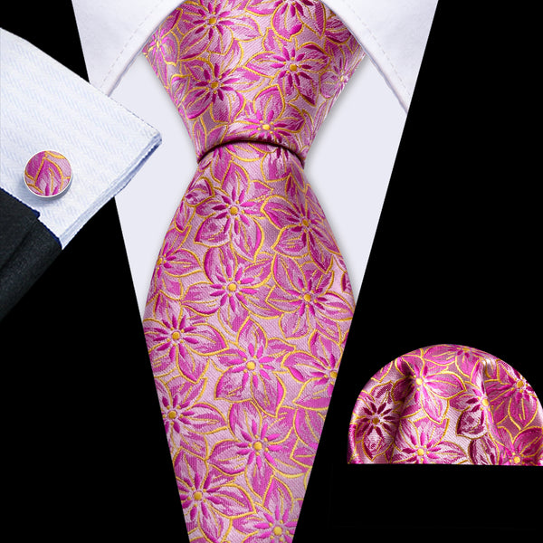 Petal Pink Hot Pink FLoral Men's Necktie Pocket Square Cufflinks Set