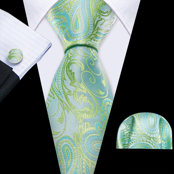 Pale Blue Lime Paisley Men's Necktie Pocket Square Cufflinks Set