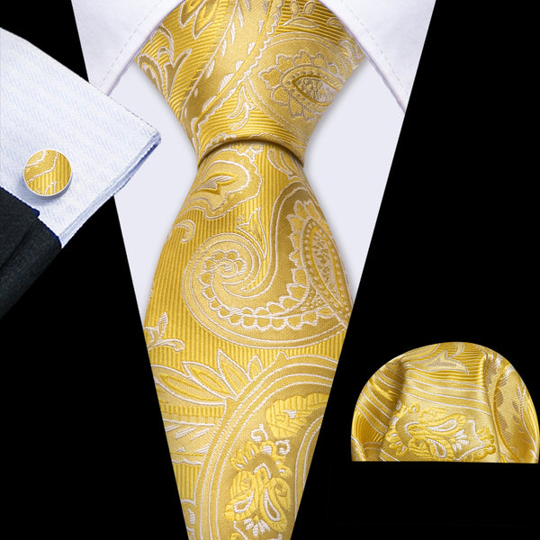 Amber Mimosa Paisley Men's Necktie Pocket Square Cufflinks Set