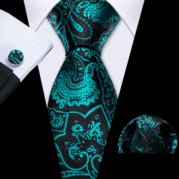 Black Nile Blue Floral Men's Necktie Pocket Square Cufflinks Set