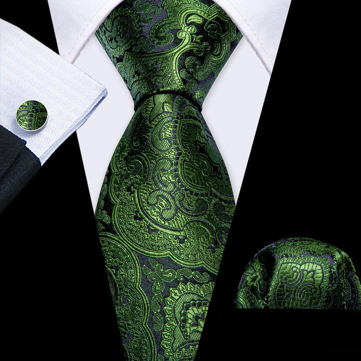 Silk Tie Black Green Floral Tie Pocket Square Cufflinks Men's Suit Tie Set
