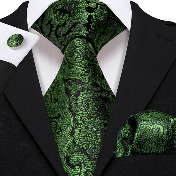 Black Green Paisley Men's Necktie Pocket Square Cufflinks Set