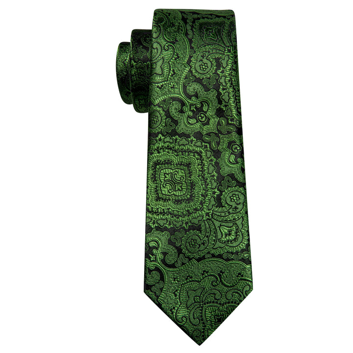 Silk Tie Black Green Floral Tie Pocket Square Cufflinks Men's Suit Tie Set